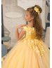 Off Shoulder Beaded Yellow 3D Lace Tulle Flower Girl Dress